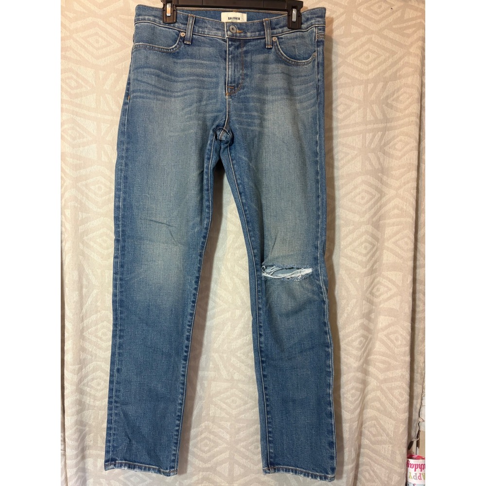 Baldwin‎ Jeans Women's Blue Denim Distressed Knee Straight Leg Jeans Size 28